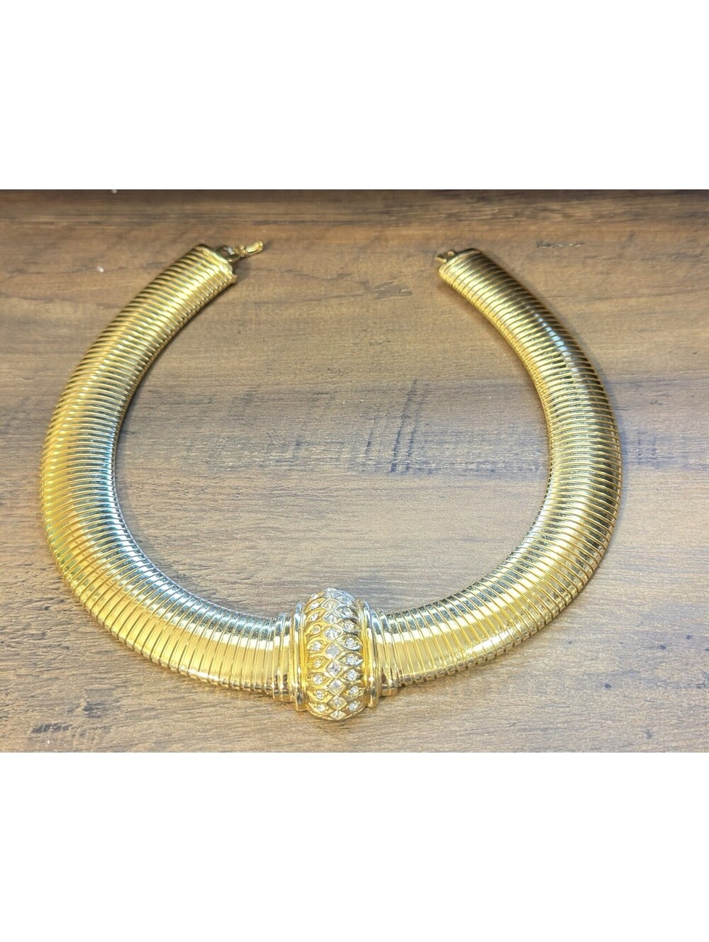 Vintage Christian Dior Gold Tone Omega Choker Rhinestone Necklace Signed Mod 17”